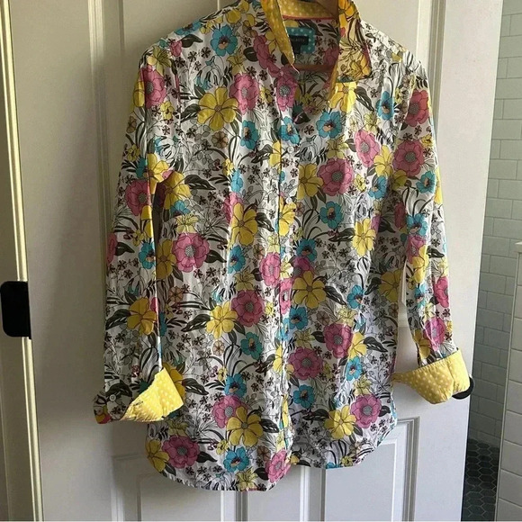 Talbots Floral Button Down Shirt - Pink, Yellow, Blue - Picture 2 of 12